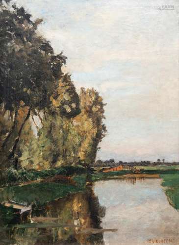 HENRI VAN DER HECHT (1841-1901): LANDSCAPE WITH POND, OIL ON...