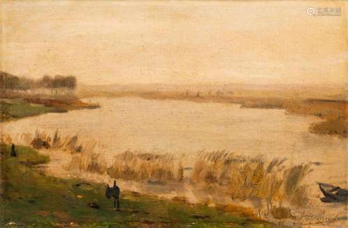 JEAN-BAPTISTE DEGREEF (1852-1894): BOAT AT THE POND, OIL ON ...