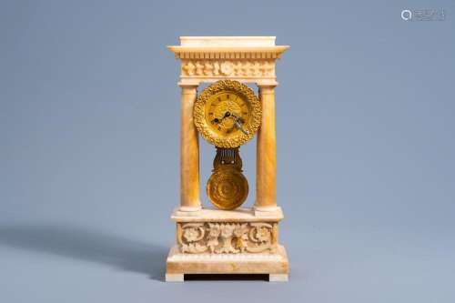 A FRENCH BRONZE AND ALABASTER COLUMN MANTEL CLOCK WITH FLORA...