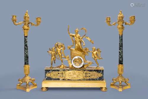 A FRENCH GILT BRONZE VERT DE MER MARBLE THREE-PIECE CLOCK GA...