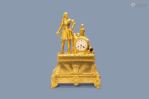 A LARGE FRENCH GILT BRONZE MANTEL CLOCK WITH ON TOP A GENERA...