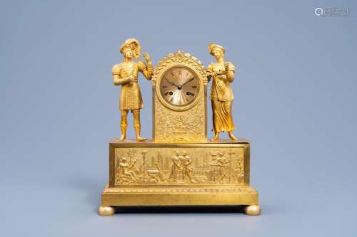 A FRENCH GILT BRONZE 'TROUBADOURS' MANTEL CLOCK, 19T...