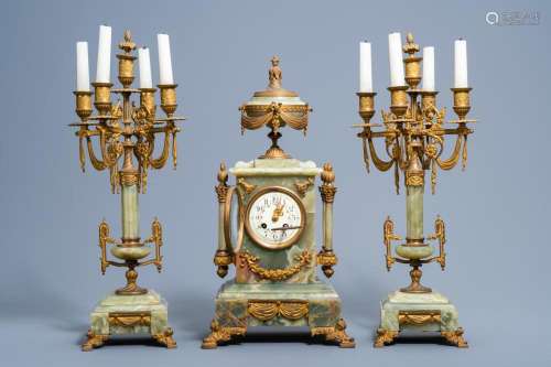 A FRENCH LOUIS XVI STYLE GILT BRONZE MOUNTED GREEN ONYX THRE...