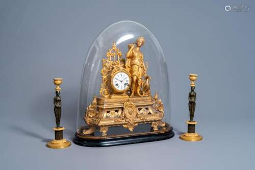 A FRENCH GILT ZAMAC 'DIANA' MANTEL CLOCK WITH ACCOMP...