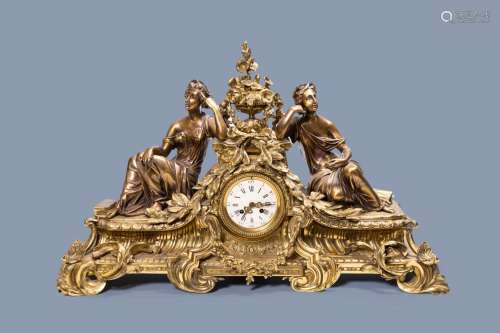 A LARGE FRENCH GILT BRASS MANTEL CLOCK DEPICTING SCIENCE, 19...