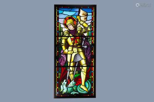 A LARGE PAINTED AND STAINED GLASS WINDOW WITH SAINT GEORGES ...