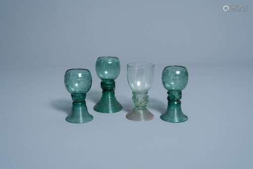 FOUR DUTCH WALDGLAS ROEMERS WITH RASPBERRY PRUNTS, TWO OF WH...