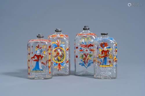 FOUR VARIOUS GERMAN PAINTED GLASS SPIRIT FLASKS WITH FLORAL ...
