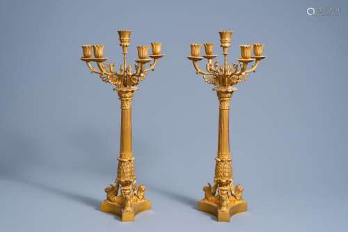 A PAIR OF LARGE FRENCH GILT BRONZE FIVE-LIGHT CANDELABRA WIT...