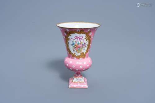 AN ENGLISH 'ROSE POMPADOUR' STYLE ENAMEL URN WITH FL...