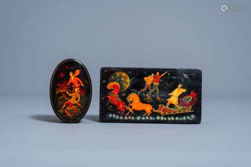 TWO RUSSIAN LACQUERED BOXES AND COVERS WITH FIGURATIVE DESIG...