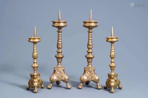 TWO PAIRS OF BRONZE PRICKET CANDLESTICKS, FLANDERS OR THE NE...