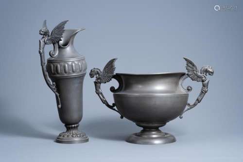 A LARGE FRENCH PEWTER PITCHER AND A VASE WITH WINGED DRAGON ...