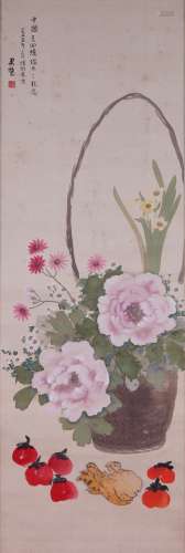 黄君璧1953年 牡丹花篮图 日本装裱 骨轴 绢本 绢本