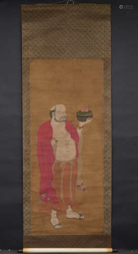 清初 佚名 红衣罗汉图 绢本挂轴 日本装裱 绢本
