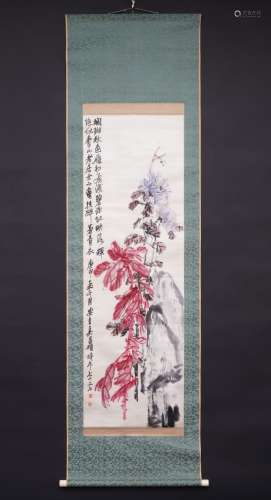 吴昌硕花卉图 庚申孟冬月（1920年） 绫本 日本原装裱 桐箱付 绫本