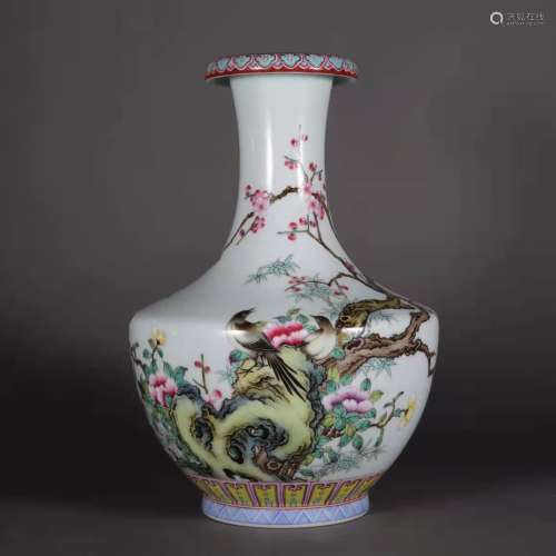 Famille Rose Bottle with the Pattern of Magpie and Tree in t...