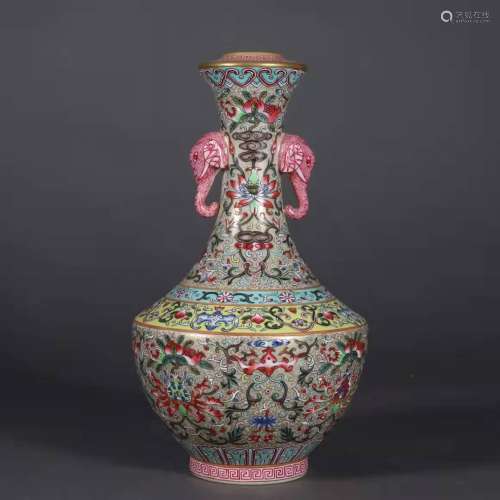 Famille Rose Vase with Beast Ears in the Qing Qianlong Dynas...
