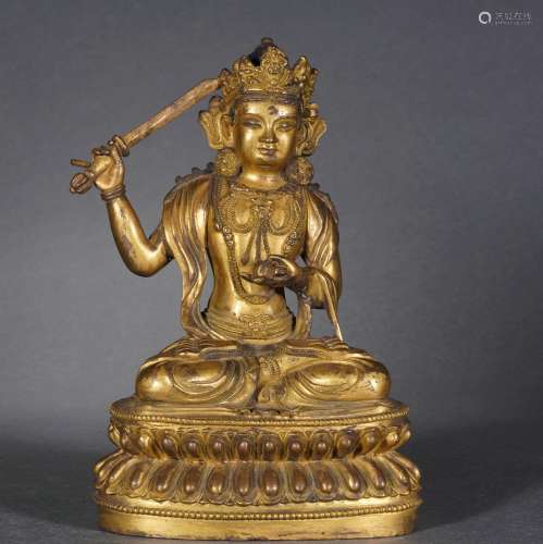 Gilt Sitting Statue of Person Holding Sword