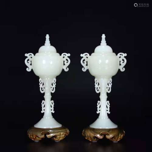 A Pair of He Tian Jade Oil Lamp