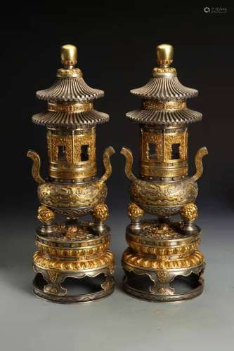 A Pair of Gilt Bronze Tripods with the Beast Face