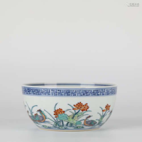 Chinese Doucai Porcelain Bowl with Mandarin Ducks in Lotus P...