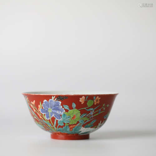 Chinese Coral Red Ground Flower Porcelain Bowl, Kangxi