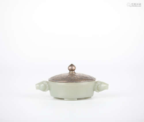 Chinese Hetian jade incense burner with silver lid, 18th cen...