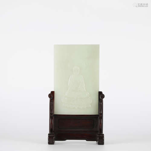 Chinese Hetian jade carved Buddha screen, 18th century