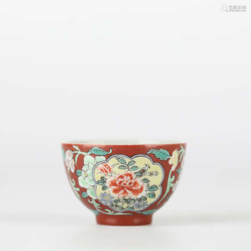 Chinese Floral Porcelain Cup with Coral Red Bottom, Yongzhen...