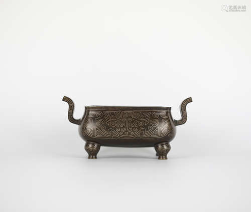 Chinese silver inlaid copper incense burner, Qing