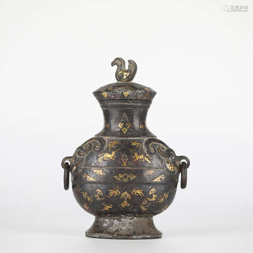 Chinese bronze and gold copper pot, Han (or later)