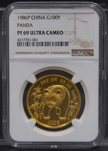 中国 100元金货 1986年熊猫金币 完全未使用 NGC（MS69）