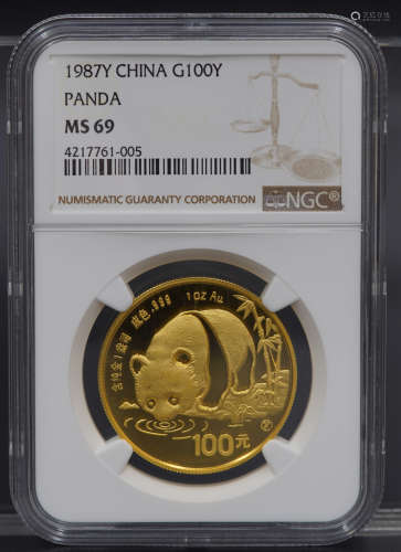 中国 100元金货 1987年熊猫金币 完全未使用 NGC（MS69）