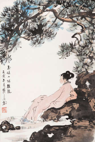 傅二石(1936～2017) 松下仕女 立轴  设色纸本