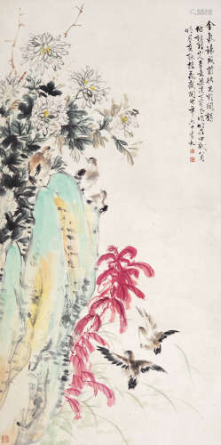 丁宝书(1865～1935) 菊石飞雀 立轴  设色纸本