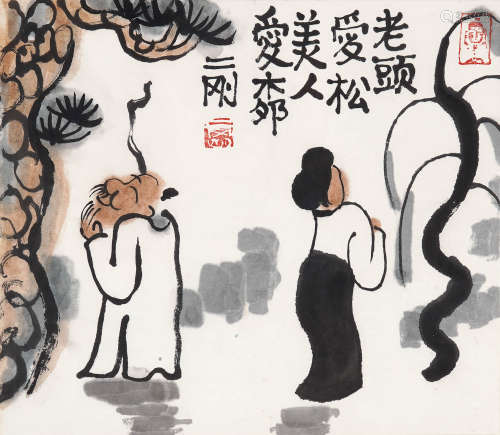 刘二刚(b.1947) 老头爱松美人爱柳 镜片  设色纸本