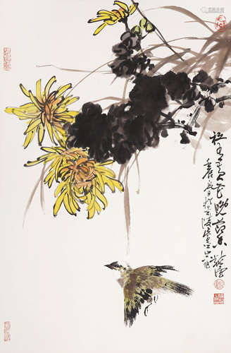 徐纯原(b.1943) 菊花飞雀 立轴  设色纸本