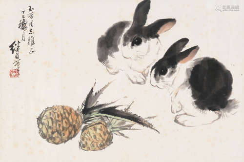 刘继卣(1918～1983) 双兔 镜片  设色纸本