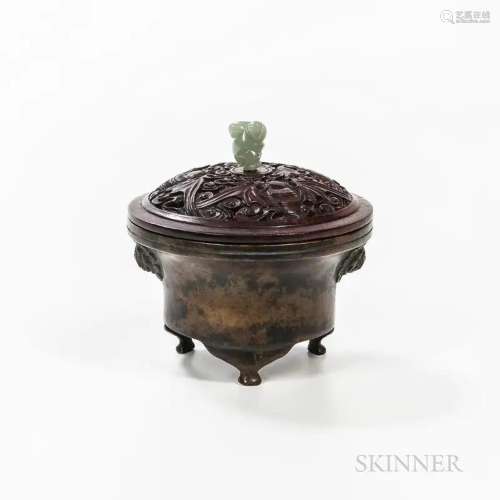 Bronze Tripod Censer and Openwork Wood Cover, China, Ming st...
