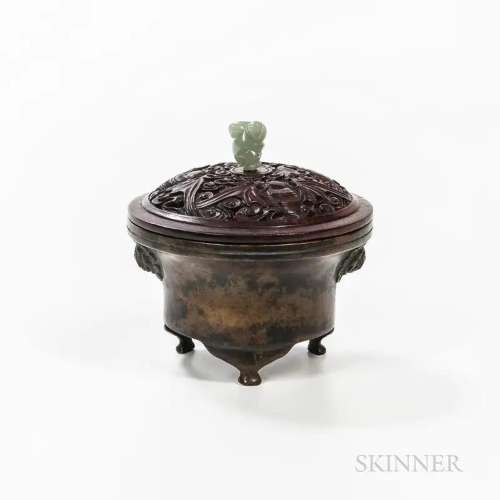 Bronze Tripod Censer and Openwork Wood Cover, China, Ming st...