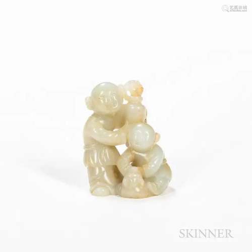 Jade Carving of Two Boys, China, one holding a vase containi...