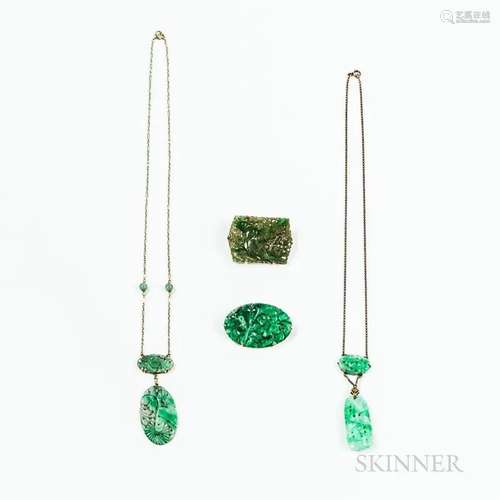 Four Openwork Mottled Green Jadeite Accessories, China, two ...