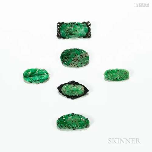 Six Pins with Apple Green Jadeite Plaques, China, two 14K go...