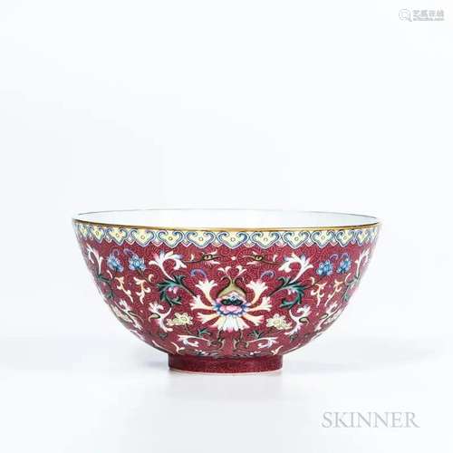 Famille Rose Ruby-ground Eggshell Bowl, China, 19th century,...