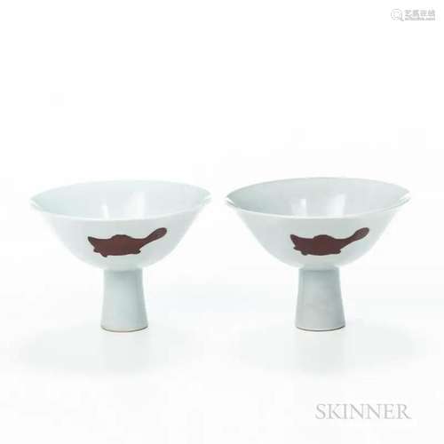 Near Pair of Stem Cups, China, Ming style, shallow bowl-form...