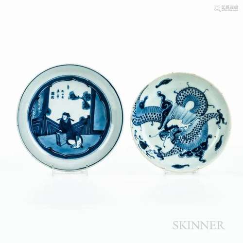 Two Blue and White Dishes, China, Kangxi style, one decorate...