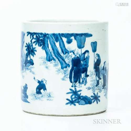 Large Blue and White Brush Pot, China, cylindrical, the side...