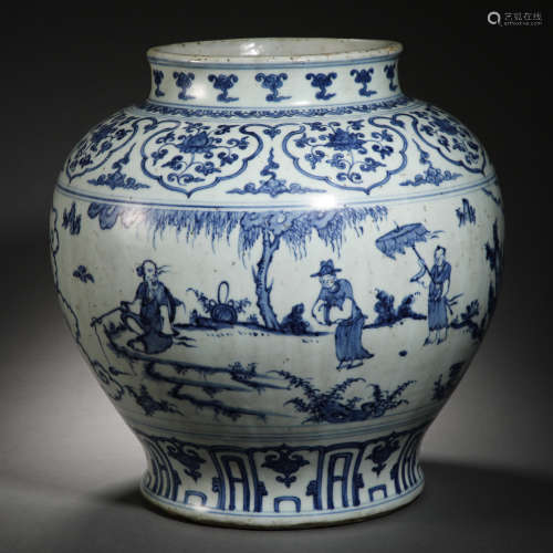 Ming Dynasty blue and white figures large pot