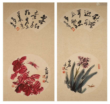 Pair of Chinese ink painting Qi Baishi flowers on paper